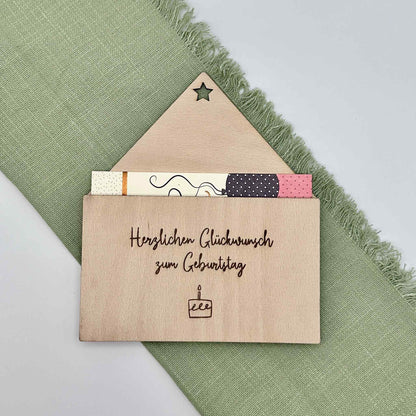 Holzumschlag als Geldgeschenk zum Geburtstag aus Holz