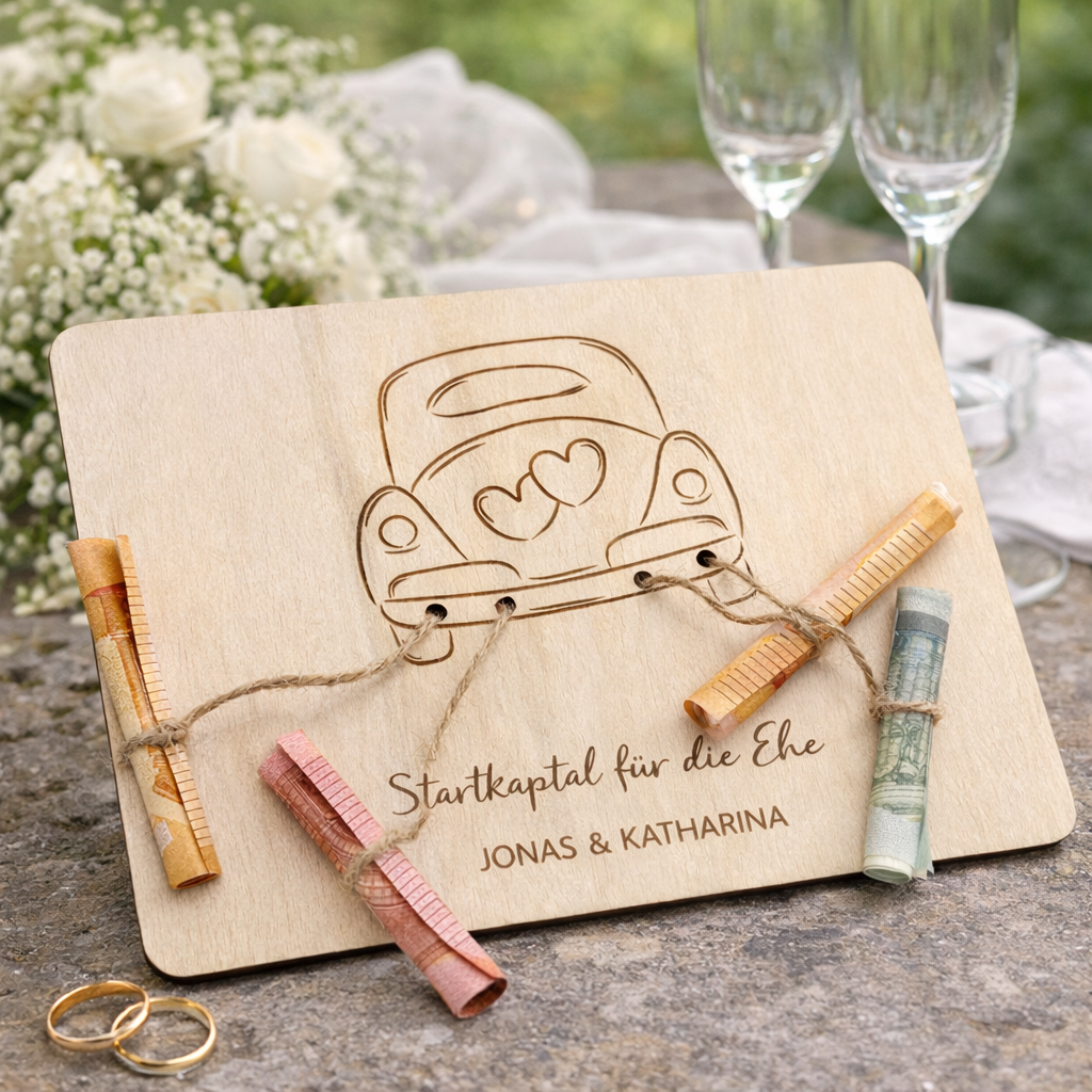 Hochzeitsgeschenk aus Holz zum überreichen von Geldgeschenken